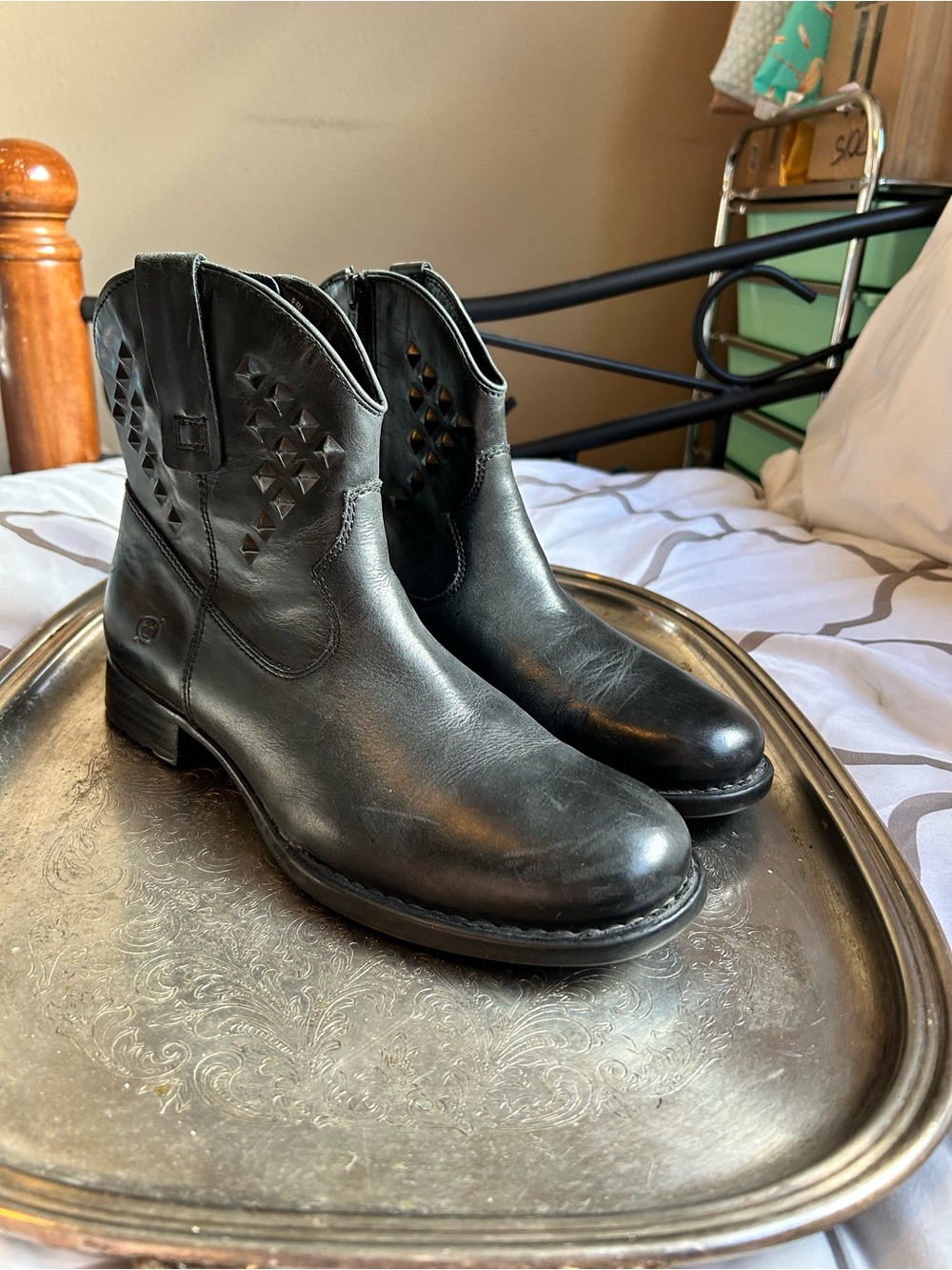 Born Black leather studded ankle boots.